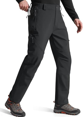 FREE SOLDIER Men's Fleece Lined Outdoor Cargo Hiking Pants Water Repellent Softshell Snow Ski Pants with Zipper Pockets (Black 34W x 34L)