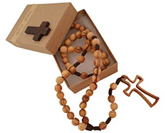 AMPALS,Rosenkranz aus Olivenholz, handgemacht in Jerusalem,Rosenkranz in der Kraftpapierbox mit,Kruzifix,GeschenkTaufe,Kommunion,Christliche Feiertage,Geburt,Geburtstag,Geburtstag,Autoschutz,Haus