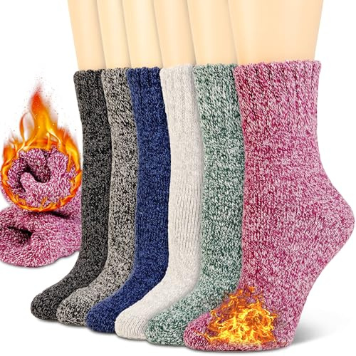 NevEND 6 par damull merino vinter termisk stövel tjocka isolerade uppvärmda strumpor för kallt väder utomhusaktiviteter, 6 par blandade färger, 9-11 (Shoe Size: 5-10)