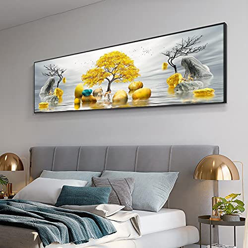 XIANGPEIFBH Goldene Bäume Hirsch Leinwanddrucke und Poster Abstrakte Wandkunst für Raumdekor Landschaftswandmalerei Nordische Kunstwerke 40x120cm (16x47in) Innenrahmen