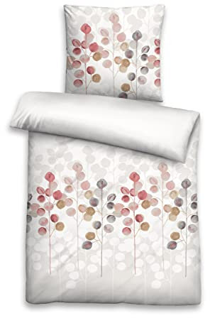 biberna 0026722 Seersucker Bettwäsche STILISIERTE Pflanze Taupe 1x 135x200 cm + 1x 80x80 cm