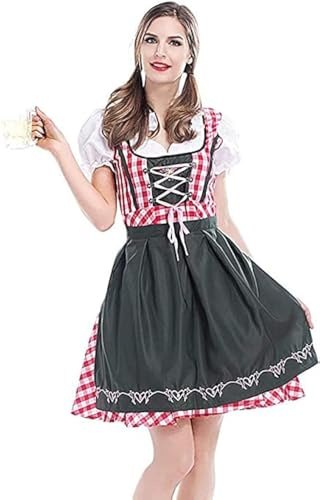 Dam bayersk dirndl-klänning oktoberfest öl hembiträde maskeraddräkt tysk öl festival damoutfit (M, röd pläd)