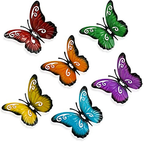 TSHAOUN 6 Stück Schmetterlinge aus Metall，Gartenwandkunst Metallgartenornamente zum Aufhängen im Innen- und Außenbereich、Hofschuppen zum Aufhängen Dekor，3,5 x 2,8 Zoll (Multicoloured)