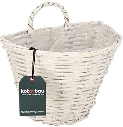 KOTARBAU® Cesta de Mimbre, 28 x 20 cm, Semicircular de Pared, Color Blanco, Maceta Trenzada, Macetero, Cesta Decorativa, Tiesto para Plantas y Flores, Rústico, Forro de plástico, Canasta
