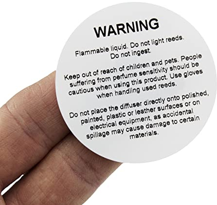 50mm Diameter Printed Reed Diffuser Warning/Caution Labels with Strong Permanent Adhesive. Roll of 250 Labels.