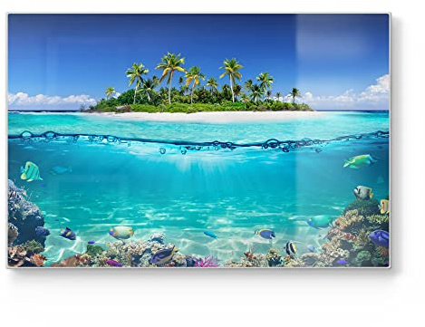 DEQORI Planche à découper en verre | Grande taille 30 x 20 cm | Motif île dans la mer tropicale | Planche à découper design pour cuisine | Planche à petit-déjeuner antibactérienne & antidérapante |