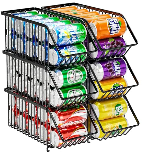 Boeetech Stackable Soda Can Organizer Rack, Stacking Can Dispensers Refrigerator Organizer Bins Pop Soda Dispenser Canned For Fridge, Freezer, Kitchen, Cabinets (Black, 6)