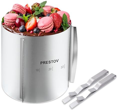 PRESTOV 20cm Tortenring hoch -16-30cm Tortenring Verstellbar- Profi Edelstahl Backring mit Eingravierter Skala, Befestigungsclips und Abgerundeten Kanten- Besten für hohe und mehrschichtige Kuchen