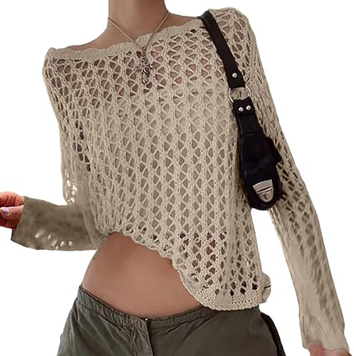 ORANDESIGNE Femme Pull en Tricot Haut Court Tricoté Y2K à Manches Longues Chemise Cache-cœur Évidée à Blocs de Couleurs Top en Tricoté à Encolure Carrée Streetwear M Abricot XS