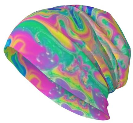 EgoMed Totenkopf-Mütze, Strickmütze, Sturmhaube aus Polyester, Slouchy-Beanie-Mütze, Laufmütze, Neon-Regenbogen-Bunt-Tie-Dye