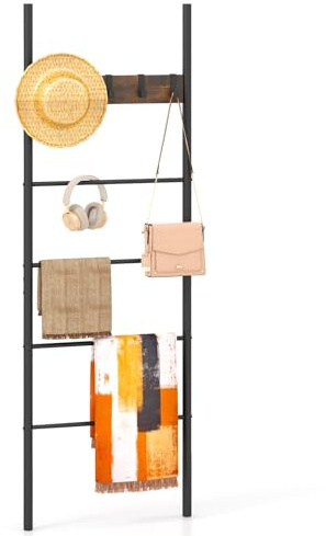 Multigot 5-Tier Towel Ladder, Wall-Leaning Blanket Rack | Industrial Metal Frame Storage Shelf with 5 Hooks for Bathroom Living Room