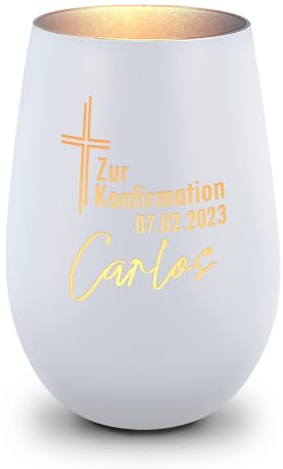 GRAVURZEILE Deko Windlicht aus Glas mit Gravur - Kreuz - Zur Kommunion Konfirmation & Taufe - Personalisiert mit Anlass Name Datum - Personalisierte Geschenke für Mädchen & Jungen - Weiß/Silber