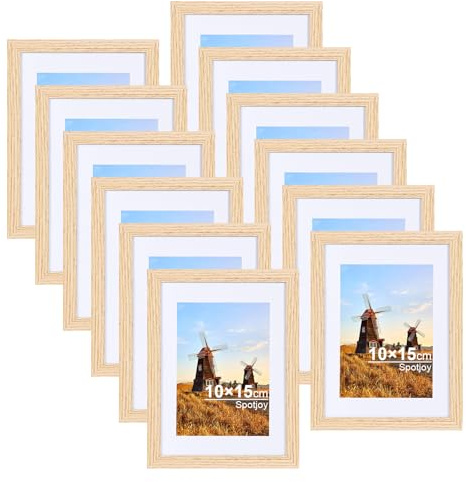 Spotjoy Bilderrahmen 10x15 cm 12er-Set Posterrahmen | Fotorahmen mit Passepartout Holzrahmen Dokumentenrahmen MDF-Holz Rahmen mit Acrylglas für Tisch- und Wandmontage, Holz