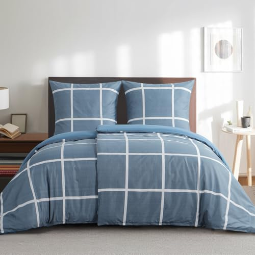 RUIKASI Bettwäsche 135x200 4teilig Denimblau - Bettbezüge 135 x 200 2er Set mit Karo Muster, Bettwäsche-Sets 135x200cm aus Mikrofaser mit Reißverschluss Weich und Bügelfrei