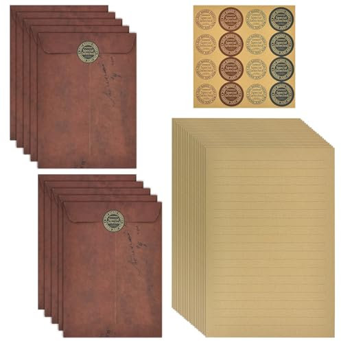 Briefpapier mit Umschlag Set Vintage, 32 Blätter Briefpapier Liniert A5, 10 Stück Briefumschläge Kraftpapier, Runde Aufkleber, Antikes Briefpapier mit Umschlag