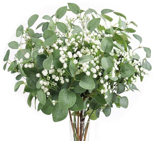 Beferr 5pcs Eucalyptus Stems & 6pcs Babys Breath Artificial Flowers Faux Greenery Bouquets for Wedding Table Centerpiece Flower Arrangement Home Decor