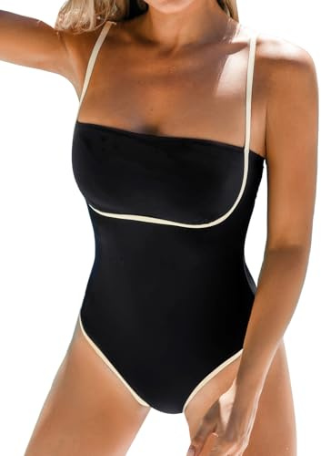 CUPSHE Damen Einteiliger Badeanzug mit Quadratischem Ausschnitt, Bandeau-Design, Kontrastpaspeln und Spaghettiträgern – Stilvolle Bademode für Sommer und Urlaub Schwarz M