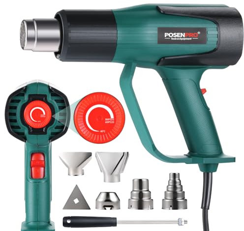 Professional Heat Gun w/Cooling System(Turn Off Need 15s), POSENPRO 2000W Electric Hot Air Gun, Variable Temperature 60℃-600℃, 300L/Min~500L/Min, Overload Protection, 5 Nozzle Attachments
