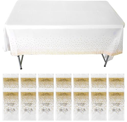 15 Stück Weiß Einweg Tischdecke, 137 x 274 cm Kunststoff Tischdecke mit Gold Gepunktete Gartentischdecken, Kunststoff Wasserabweisend Tischdecke, Rechteckig Tischtuch für Geburtstag, Party, Hochzeit
