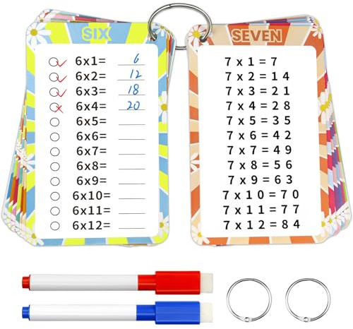 Hanqing 15 Pcs Multiplication Flashcards 0-12, Boho Multiplication Chart Math Flashcards, Times Table Math Game with 2 Dry Erase Markers and 2 Rings for 1st to 3rd Grades