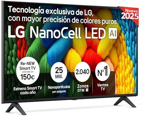 LG 43NANO80A6B - TV 43, 4K NanoCell, Smart TV, LED IA, WebOS 25, Procesador Potente e Inteligente, Super Upscaling, Dolby Digital Plus, Alexa/Google Assistant, Negro