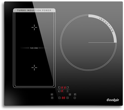 59cm Einbau Induktionskochfeld 3 Platten mit Rahmen, Flexzone für Grill | Cooksir Kochfeld Autark, 6800W, FlexZone, Boost, Timer, Kindersicherung, Pause-Funktion, Touch-Control, Kein Stecker, 230V