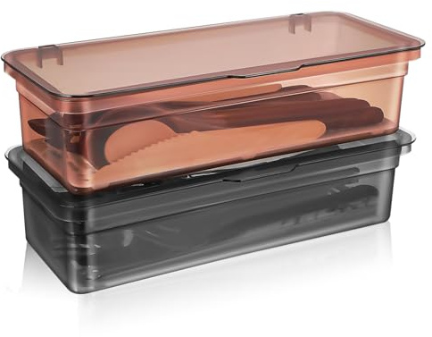 CHICAMPERA Organisateur D'ustensiles avec Couvercle 2 Pièces Transparent Gris Et Marron en Plastique Alimentaire avec Égouttoir Cuisine Et Rangement sur Plan De Travail