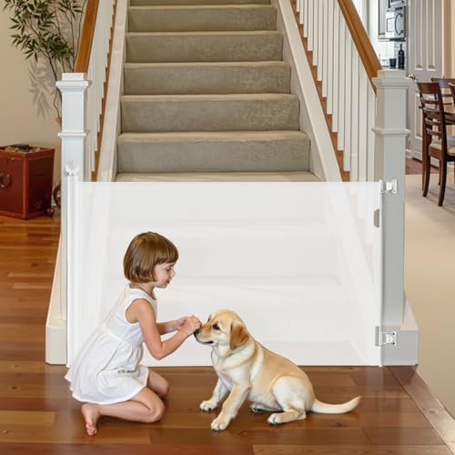 VEVOR Cancelletto Retrattile, Estensibile Fino a 1850 mm di Larghezza, 795 mm di Altezza, con Blocco di Sicurezza, Attraversabile Senza Inciampare, Cancelletto in Rete per Cani Scale, Bianco