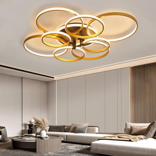 TUJJTU Plafonnier LED à Intensité Variable 110w Doré Pour Salon Avec TéLéCommande Éclairage au plafond Rond Pour Chambre à Coucher Luminaires Semi Encastré Pour Cuisine Luminaire (9 têtes)