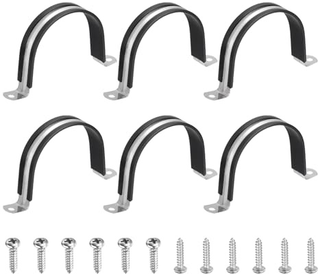 sourcing map 6Pcs 77mm Pipe Clips, 304 Stainless Steel Rubber Coated Cushion Pipe Strap Clamp U-Shaped Bracket with M3x177mm Screws for Tube Hose Cable Installation, Black