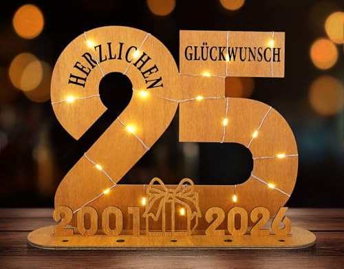 ARTREE Geldgeschenk 25. Geburtstag für Frau & Mann 2001-2026, Silberhochzeit Geldgeschenk aus Holz mit LED Lichterkette, Schild Gästebuch – Tischdeko & Geldgeschenk in einem, Jubiläum Geschenk
