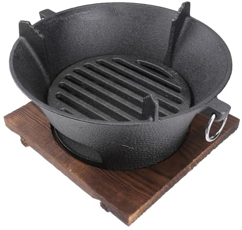 Veemoon Barbecue à Charbon de Bois 26 CM Grand Format Grille en Fonte Réchaud Portable pour Camping et Grillades en Extérieur Plateau en Bois Inclus Cuisson Pratique Couleur Aléatoire