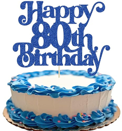 Gyufise 1Pc Happy 80th Birthday Cake Topper Glitter Happy Birthday Cake Pick Cheers to 80 Years for 80th Anniversary Wedding Party Cupcake Decorations Supplies Blue