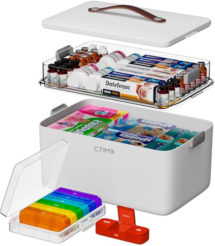 CTIME 2-lagige Medikamentenbox (Set) – Tragbarer Organizer mit Ledergriff, leerer Aufbewahrungskoffer für Haushalt, Hobby, Nähzubehör & Bastelbedarf