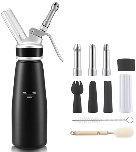 YUNYDSM Sahnespender 500ml Aluminium – mit 6 Düsen & 2 Bürsten | 500ml Sahnespender aus Aluminium–Profi-Siphon mit 3 Edelstahl-&3 Kunststoffdüsen,2 Reinigungsbürsten