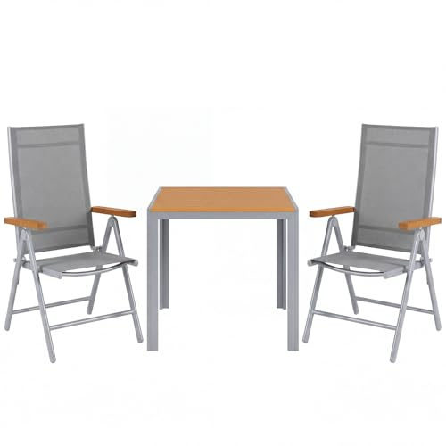 LIFERUN Aluminium trädgårdsmöbler set 3 delar, balkongset, 2 stolar, 1 bord, WPC-trädgårdsbord + 2 högryggstöd, trädgårdsstol, vikbar, väderbeständig, aluminium, balkongmöbler för verandor, terrasser