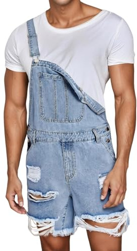 Salopette da uomo Destroyed Denim, pantaloncini corti da lavoro, pantaloncini da lavoro, regolabili, casual, vestibilità larga, jeans