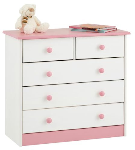 IDIMEX Kommode Rondo, schöne Anrichte mit 5 Schubladen, praktisches Sideboard aus massiver Kiefer in weiß/rosa, Zeitlose Schubladenkommode mit Holzgriffe