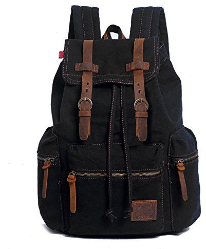 YUHAN Canvas-Rucksack Unisex Vintage Casual Rucksack Laptop Tagesrucksäcke MacBook-Tasche Schultasche Studententasche Büchertasche Umhängetasche Wander- und Camping-Tasche, Schwarz , Mediam