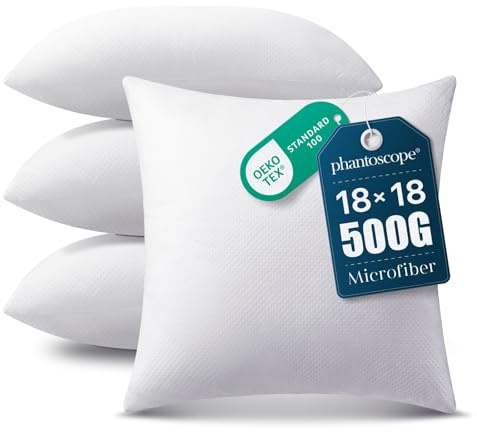 Phantoscope Pillow Inserts, Hypoallergenic 100% Virgin Fiber Square Form Microfiber Throw Pillow Inserts, Couch Bed Pillows 45x45 cm, 18x18 Inch (Pack of 4)