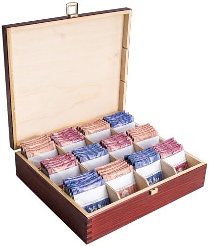 Creative Deco Scatola Porta Tè e Tisane in Legno Rosso per Natale, Porta Oggetti 12 Scomparti | 29x25x7.5cm +/-0.5cm | Portagioie, Te | Coperchio, Serratura, Divisori Rimovibili | Decoupage, Regalo