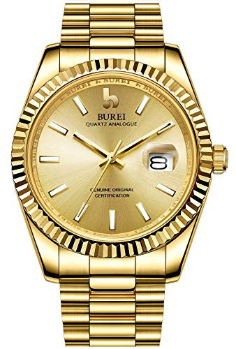 BUREI Herren Uhren Mode Quarzuhr Volles Gold Analoges dial mit Datumsfenster Edelstahlband Uhren für Männer