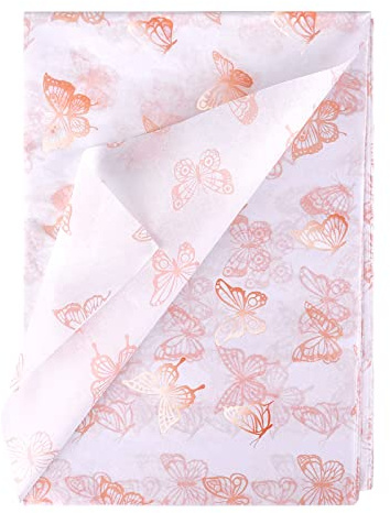 KINBOM 30st 50x70cm Roséguld Silkespapper Fjärils Silkespapper Bulk Omslagspapper för Förpackning Jul Bröllop Födelsedagsfest Babyshower Gör-Det-Själv Hantverk (Vit Bakgrund)