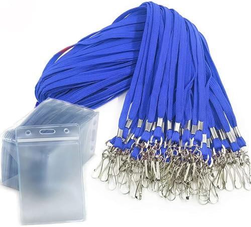 50 Stck Namensschilder mit Schlüsselband-Ausweishalter Vertikaler wasserdichter Kunststoff-Ausweishalter Lanyards Namensschilder für Kids School Camp Exkursion Business Event Trade (50, Blau)