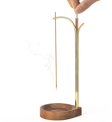 Räucherstäbchenhalter, Hölzerne Räucherstäbchen Halter für Aschefänger, umgedrehter Räuchergefäß,mit Messing-Räucherstäbchen,für Zen, Yoga, Spa, Mediation, Heimbüro-Dekoration
