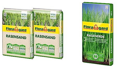 Floragard Rasen-Sand 2x15 kg für 20 m² • Rasenpflege • zum Lüften schwerer Böden • streuwagenfähig & Rasenerde 40 L • hochwertige Spezialerde • zur Neuanlage