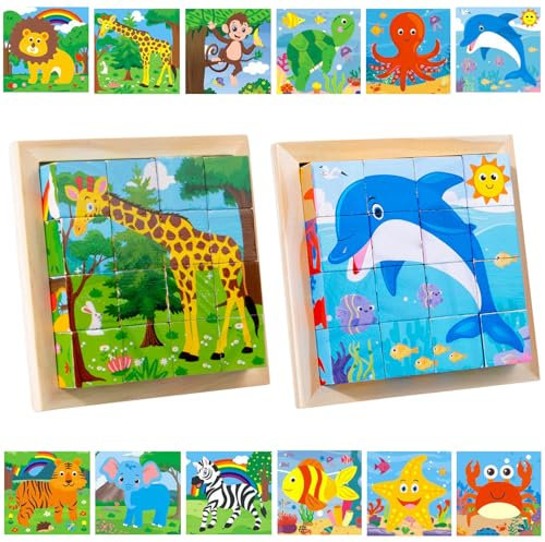 MHDUYEG Würfelpuzzle Holz, 2 Stück 3D Würfelpuzzle Puzzlespiele, 6 in 1 Tier-Motive Würfelpuzzle, Würfelpuzzle Lernspielzeug Holzspielzeug, Würfelpuzzle für Jungen und Mädchen