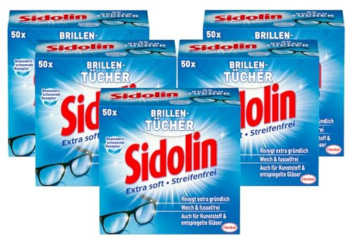 Sidolin Brillenputztücher 250 (5 x 50) Stück, feuchte Reinigungstücher für Brillen, Displays, Bildschirme, reinigen mühelos und fusselfrei, optimal für unterwegs