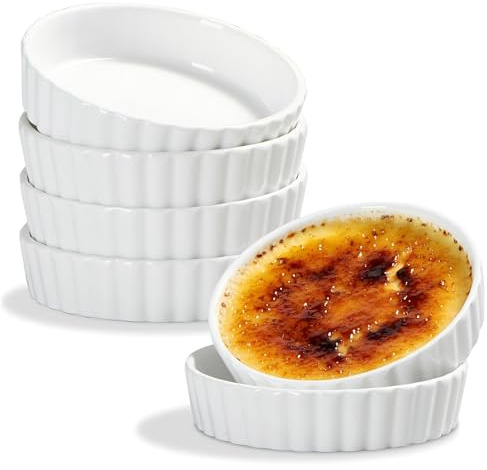 ONEMORE Ramekins, Creme Brulee Ramekins 8 oz Oven Safe White Porcelain Small Baking Dishes for Individual Serving, Fluted Shallow Soufflé Dishes Quiche Dish Mini Tart Pans Sauce Ramekin Set of 6