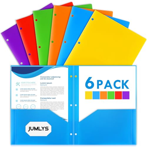 Jumlys Paquete de 6 carpetas de 2 bolsillos con 3 agujeros perforados, carpeta de plástico para carpeta de 3 anillas, carpetas resistentes con bolsillos para papel tamaño carta, carpetas multicolor